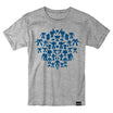 Gray heather Transformers T shirt with a blue heart shape built from small robot silhouettes.
